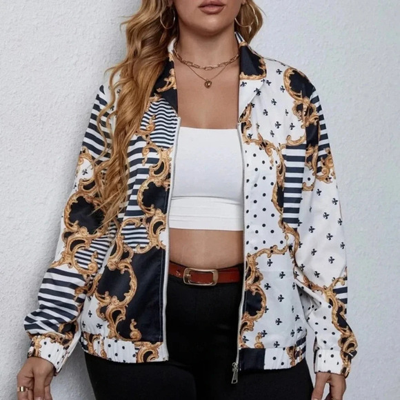 SHEIN Plus Baroque & Striped Zip Up Jacket - Picture 1 of 5
